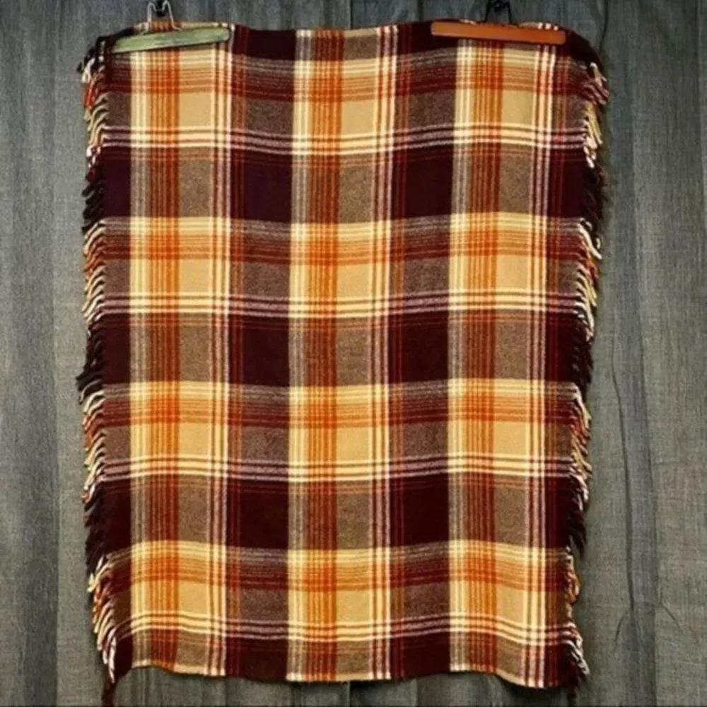 Vintage Faribault‎ Plaid Throw Blanket Brown Orange Fringe Cabin Decor